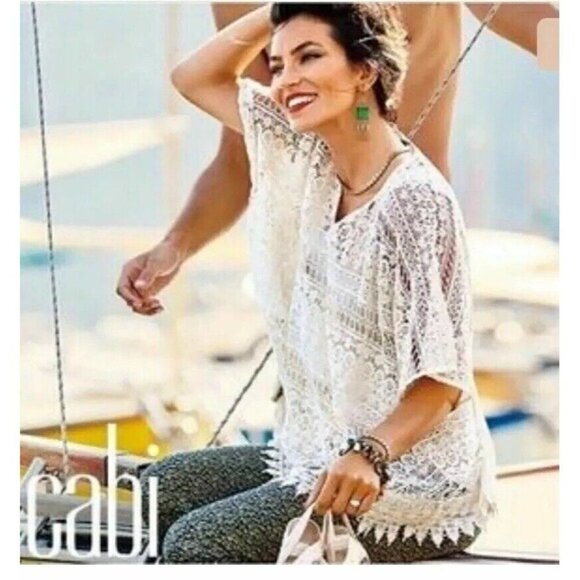 Cabi Capri Top #5026 Ecru Crochet Swim Cover Beach Resort Summer Vacation - Picture 2 of 14